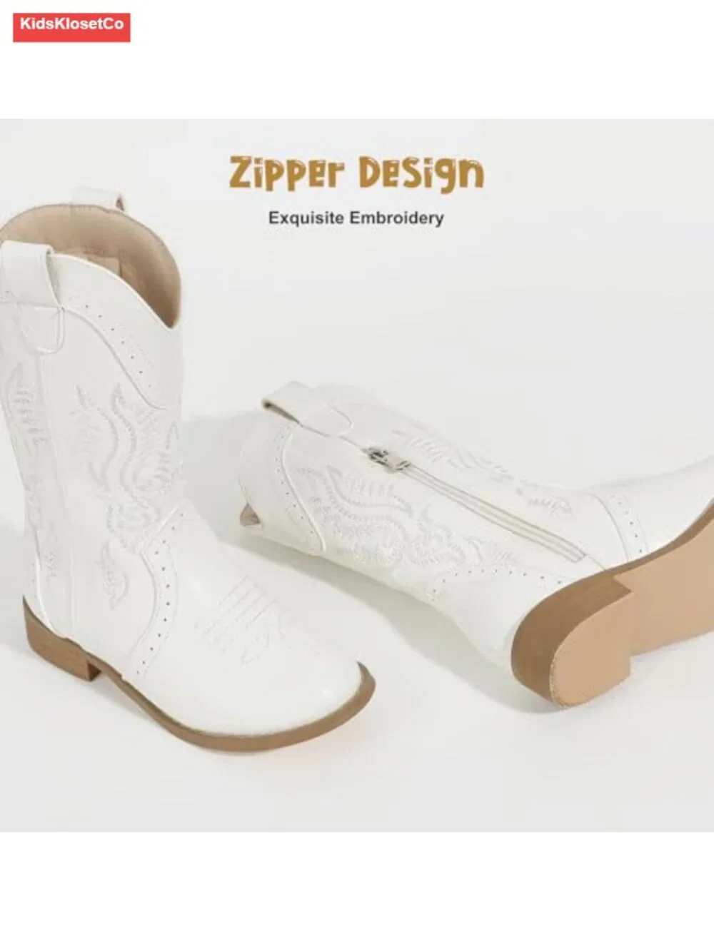 Embroidered Cowgirl Boots with Zipper, Non-Slip Sole, Mid Calf Round Toe
